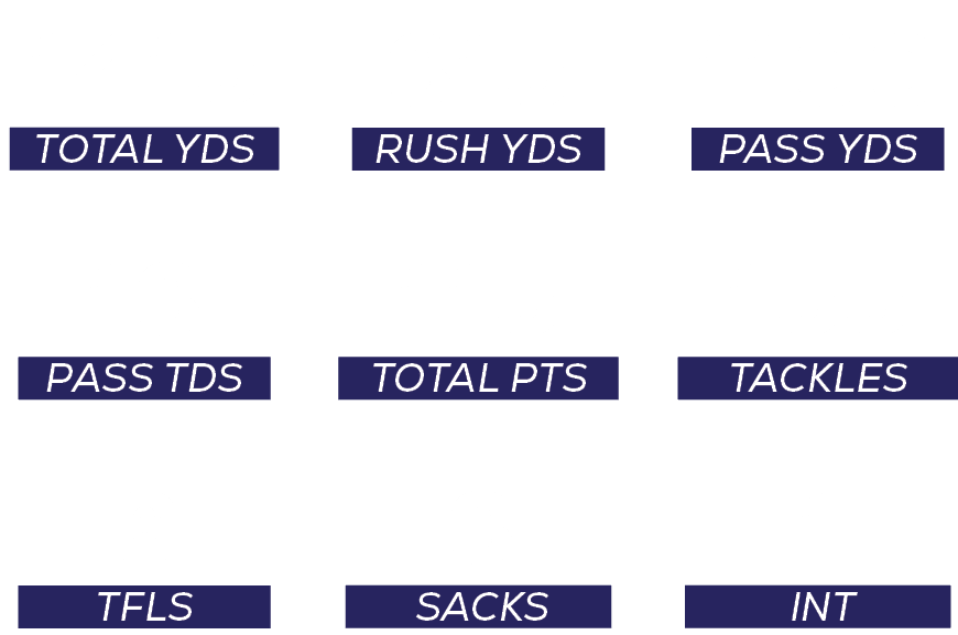 int,1,tackles,155,pass YDS,1100,sacks,3,total pts,115,RUSH YDS,315,tfls,6,pass tDS,13,total YDS,141