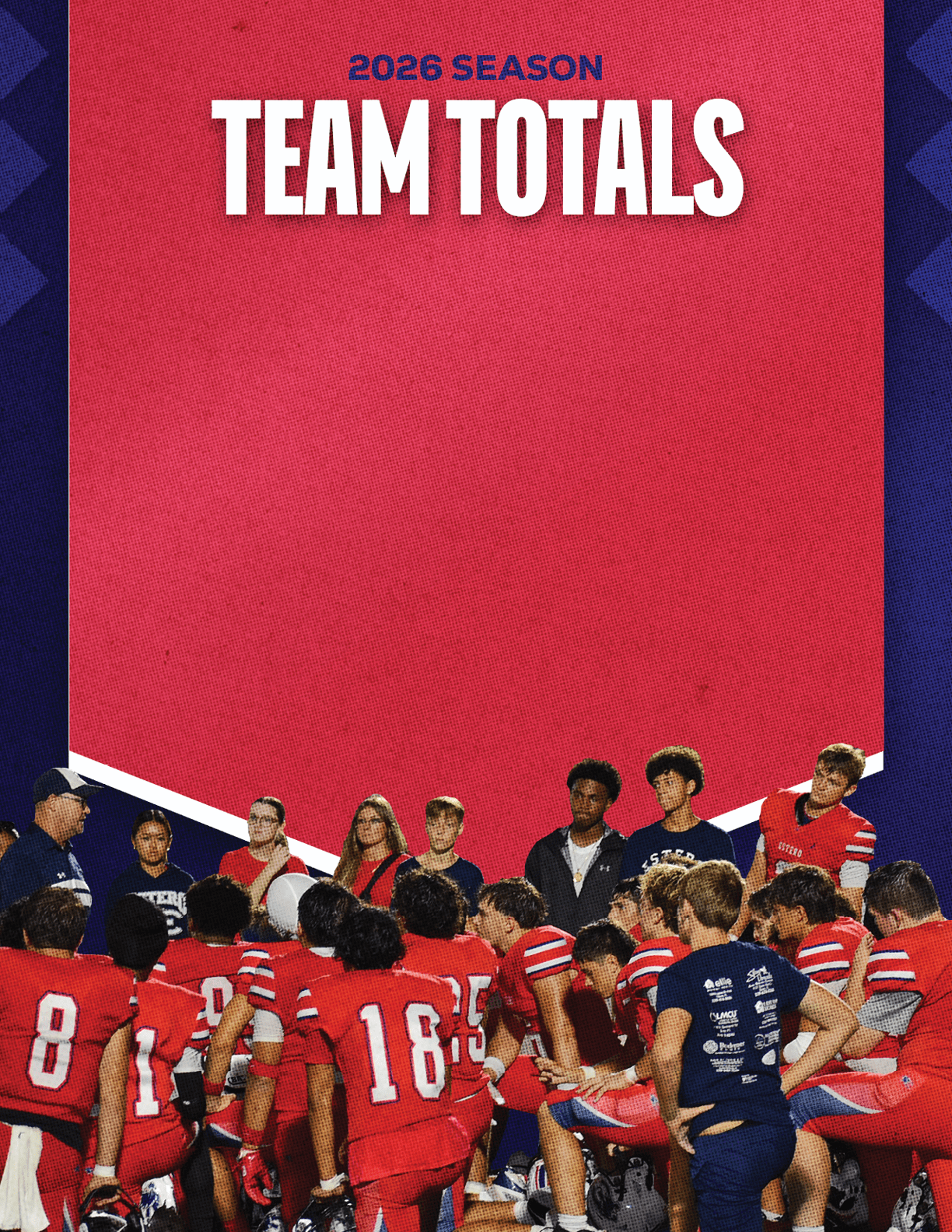A group of people in football uniforms are engaged in a tackle on a field with a red banner above them that reads 2026 season team totals. Description generated by AI