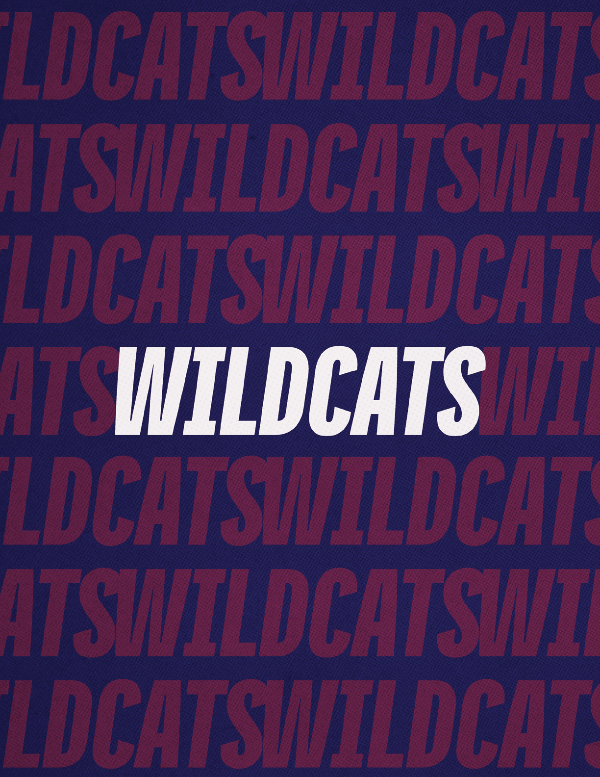 The word “WILDCATS" is prominently displayed in bold white letters against a dark blue background with a repeated pattern of the word "WILDCATS" in a faded red color. Description generated by AI