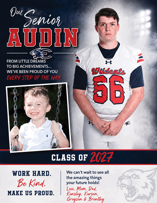 A senior athlete in a Wildcats football uniform stands next to a childhood photo of the same person on a swing, with congratulatory and motivational text celebrating the class of 2027. Description generated by AI