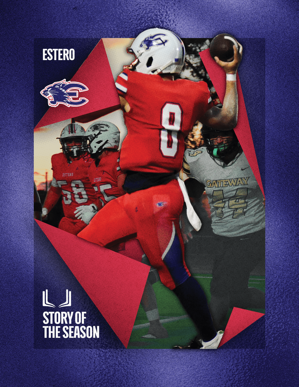 A person in a white football uniform with red and blue accents is holding a football in a ready-to-throw position against a dark background with the word Wildcats and Estero in red text. Description generated by AI