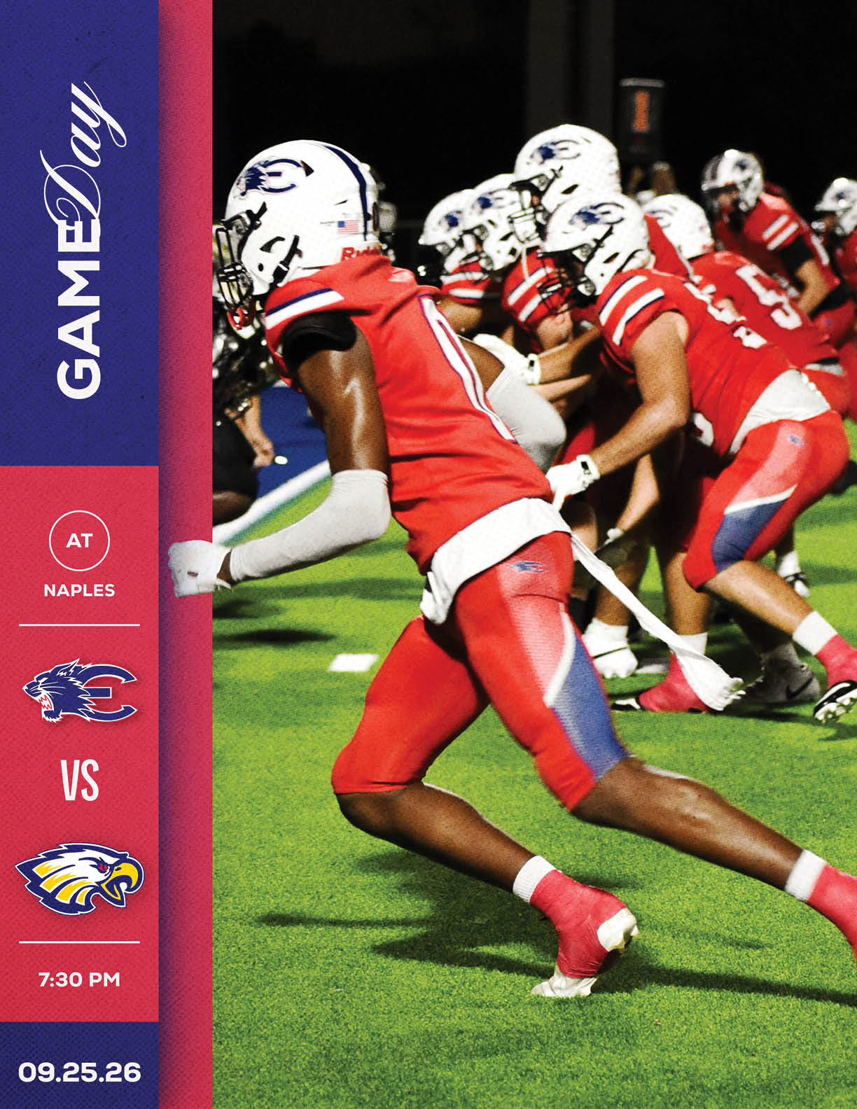 A person in a white football uniform with a tiger logo on the helmet is running with the ball on a field while other players in white and blue uniforms are in the background, alongside a graphic showing a game day matchup between Snyder and another team. Description generated by AI