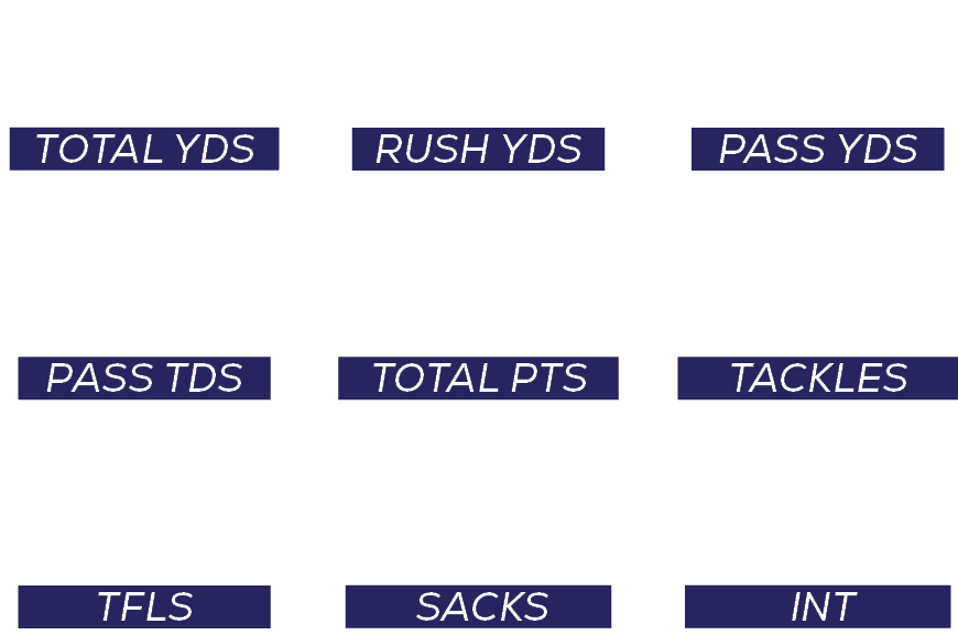 int,2,tackles,217,pass YDS,1578,sacks,3,total pts,177,RUSH YDS,415,tfls,9,pass tDS,20,total YDS,199