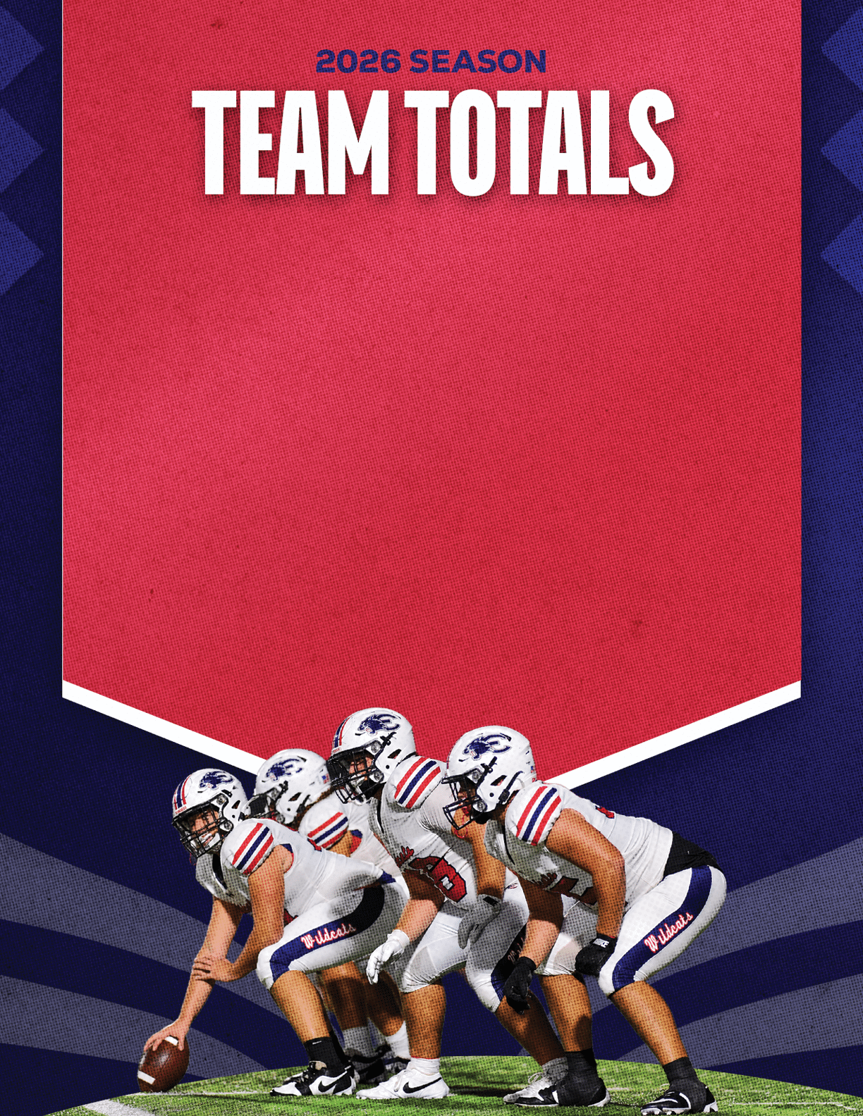 Four people in football uniforms are lined up in a formation on a field beneath a red banner that reads 2026 season team totals. Description generated by AI