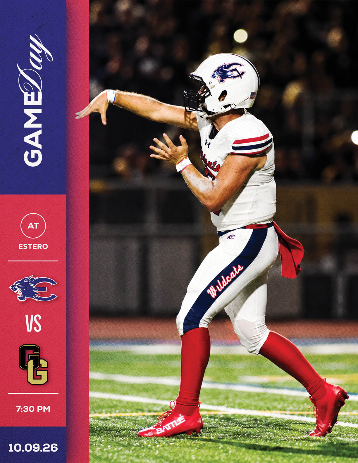 A person in a white football uniform with red and blue accents is preparing to throw a football on a field during a nighttime game with a graphic on the left side showing a game day announcement between two teams. Description generated by AI