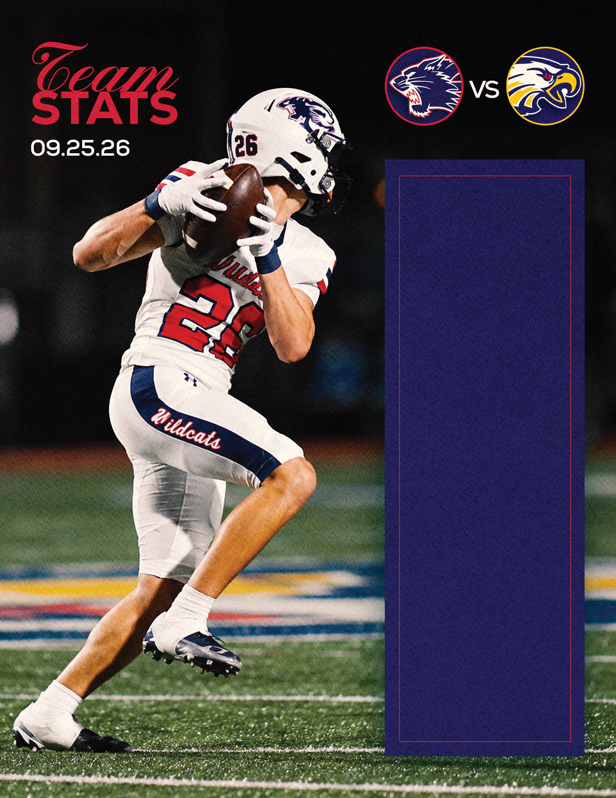 A person in a white football uniform with the number 26 is holding a football and preparing to throw it on a field with team logos and the date 09.25.26 displayed. Description generated by AI