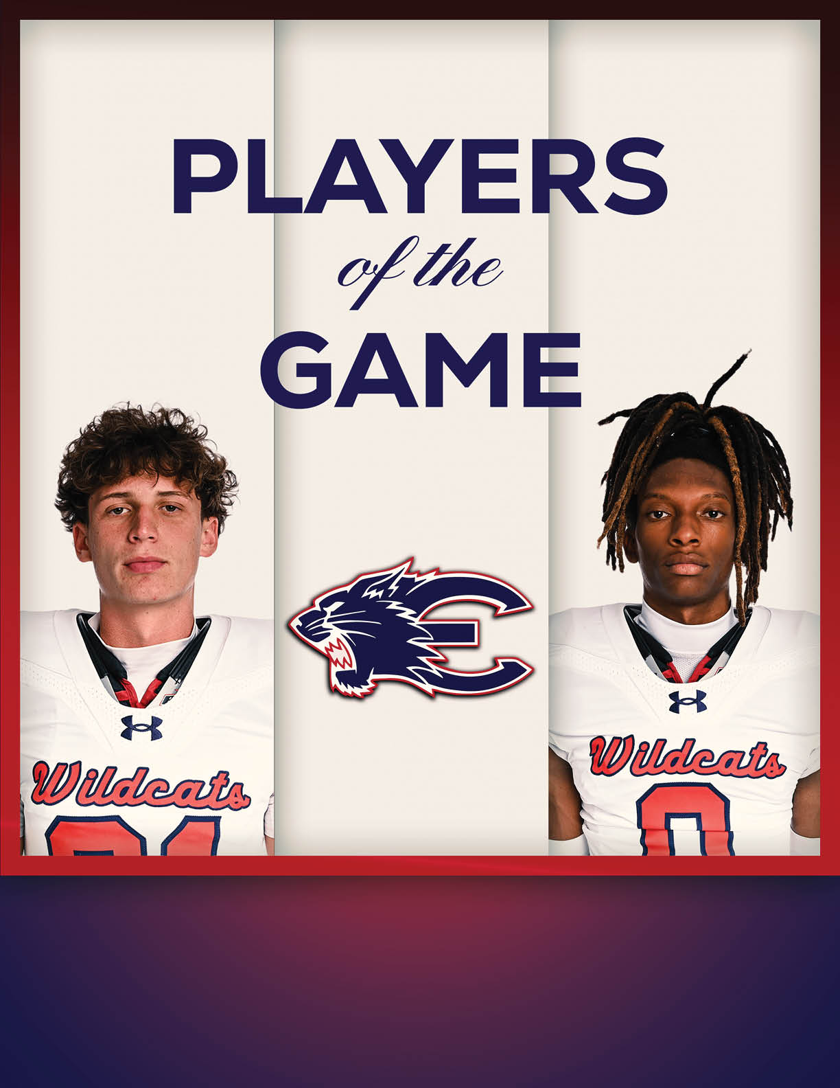 Two adults wearing white Wildcats football jerseys stand on either side of a Wildcats logo with the text Players of the Game above them. Description generated by AI