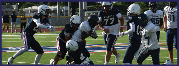 A group of people wearing football uniforms are actively engaged in a play on a football field with one person holding the ball while others attempt to block or tackle. Description generated by AI