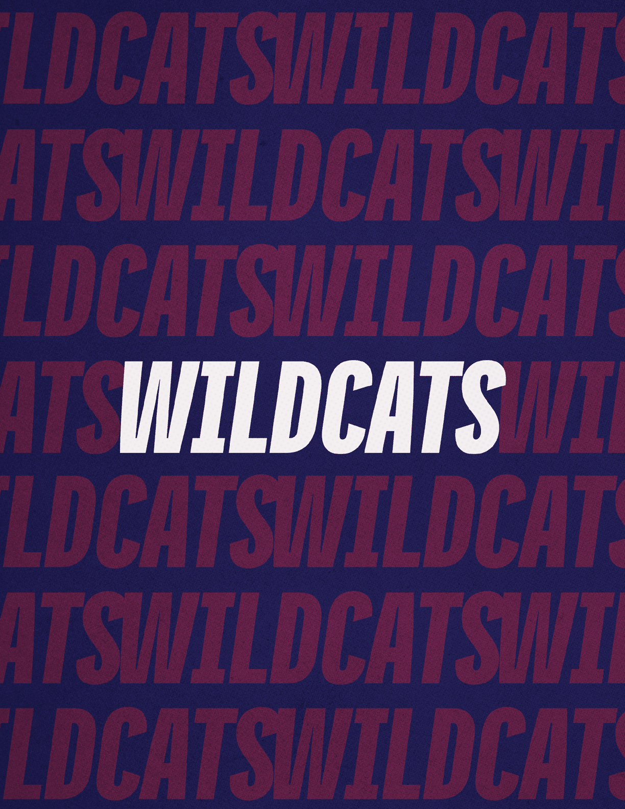 The word “WILDCATS" is prominently displayed in bold white letters against a dark blue background with a repeated pattern of the word "WILDCATS" in a faded red color. Description generated by AI