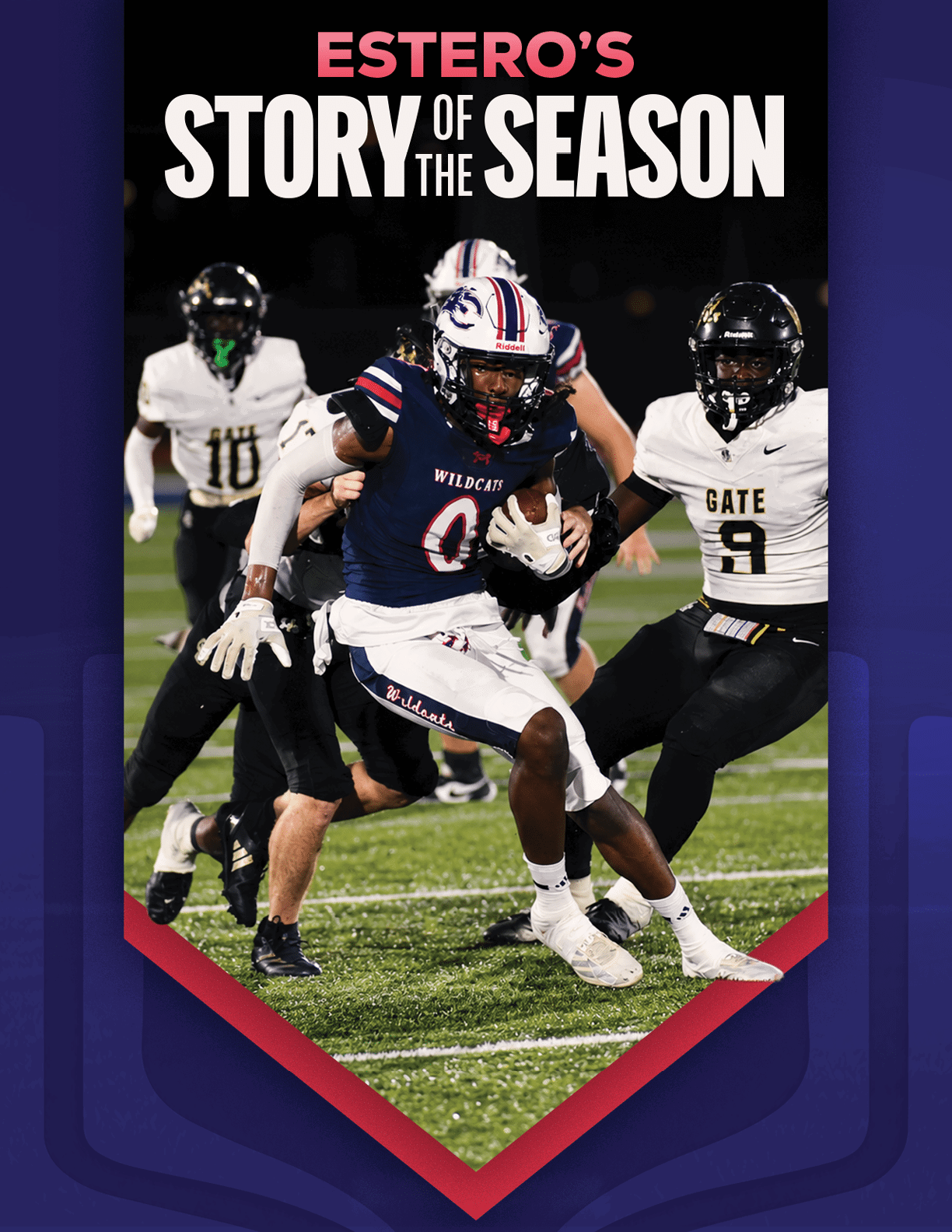 A football player in a blue and white uniform is running with the ball while being pursued by players in white and black uniforms on a field at night with the text “Estero's Story of the Season" above. Description generated by AI