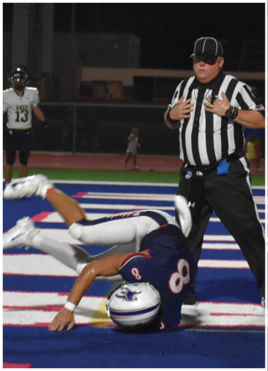 A person wearing a football uniform and helmet is falling headfirst onto a blue and white field near the end zone during a game. Description generated by AI