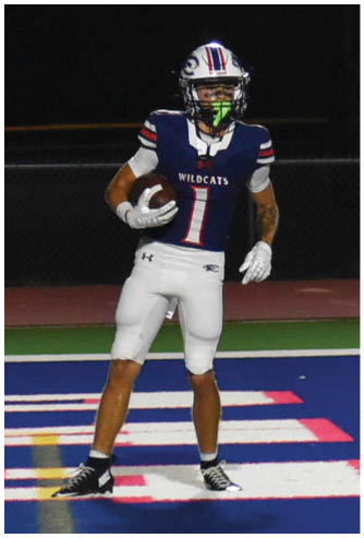 People in football uniforms are on a blue and green field with a referee walking nearby during a nighttime game. Description generated by AI