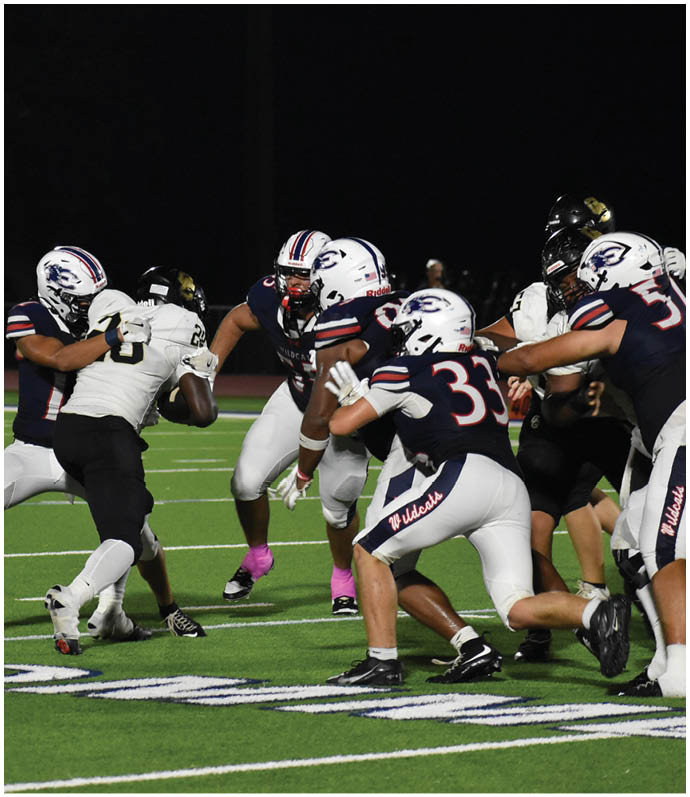 People wearing football uniforms are actively engaged in a nighttime game on a green field with white yard lines. Description generated by AI