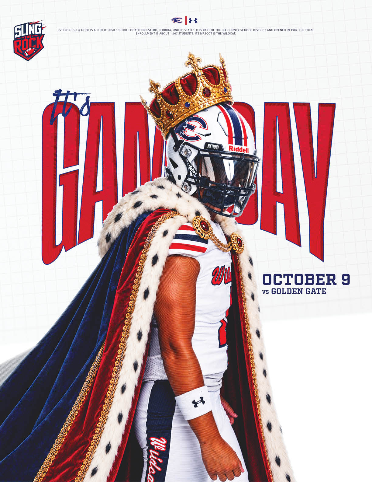 A person wearing a football uniform with a helmet, a royal crown, and a regal cape stands confidently in front of large red text that says “GAMEDAY" with a date and opponent information. Description generated by AI
