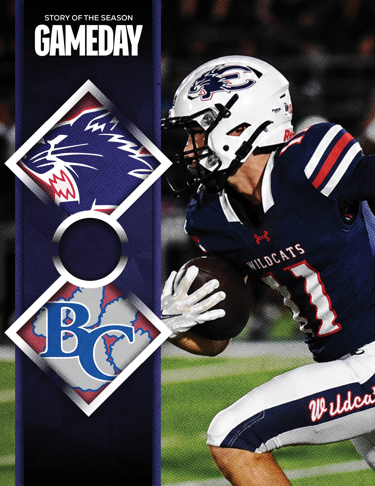 A person in a Wildcats football uniform is running with a football on a field next to a vertical banner featuring a wildcat logo, the letters BC, and the text Gameday. Description generated by AI