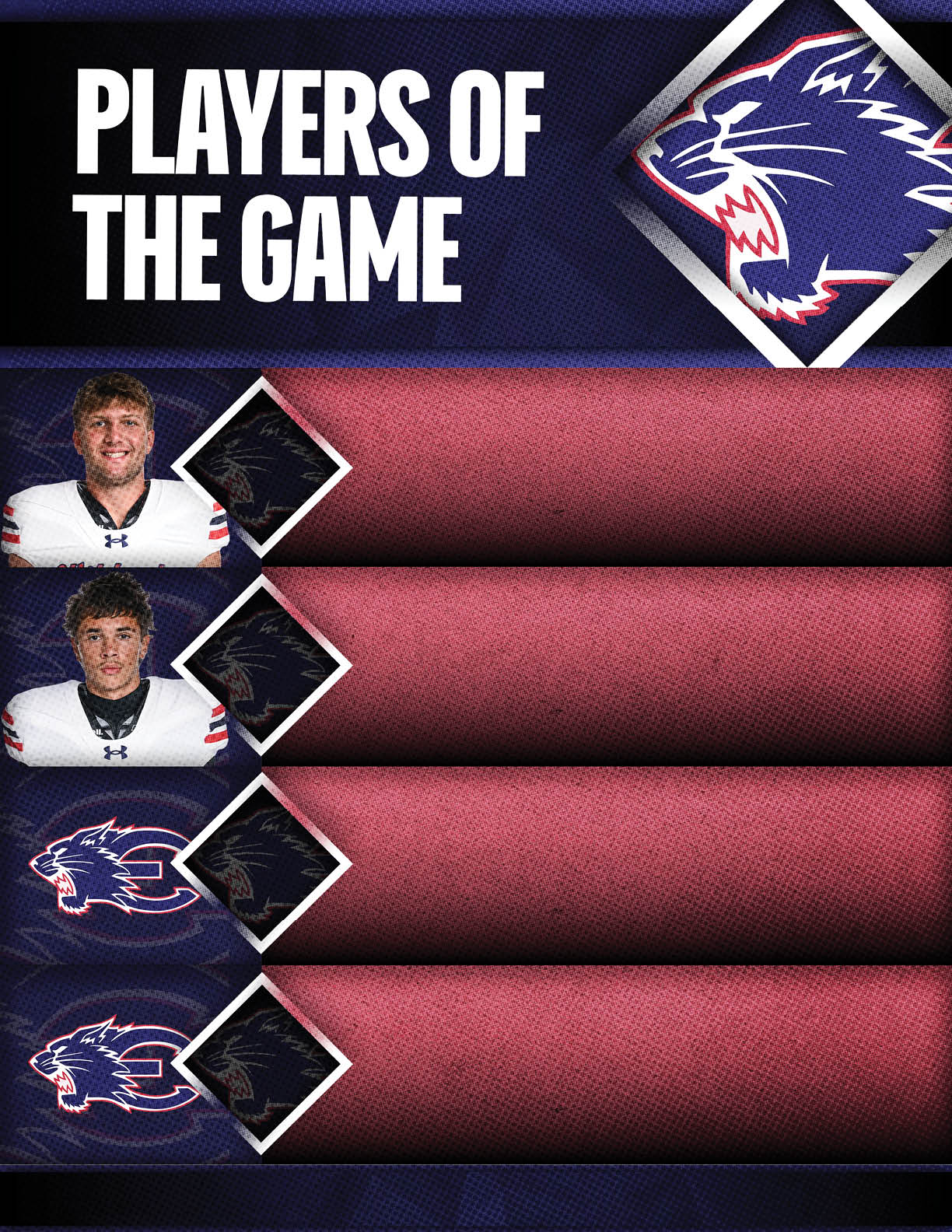 Players of the game graphic features two adults in sports uniforms alongside a stylized wildcat logo on a textured background. Description generated by AI