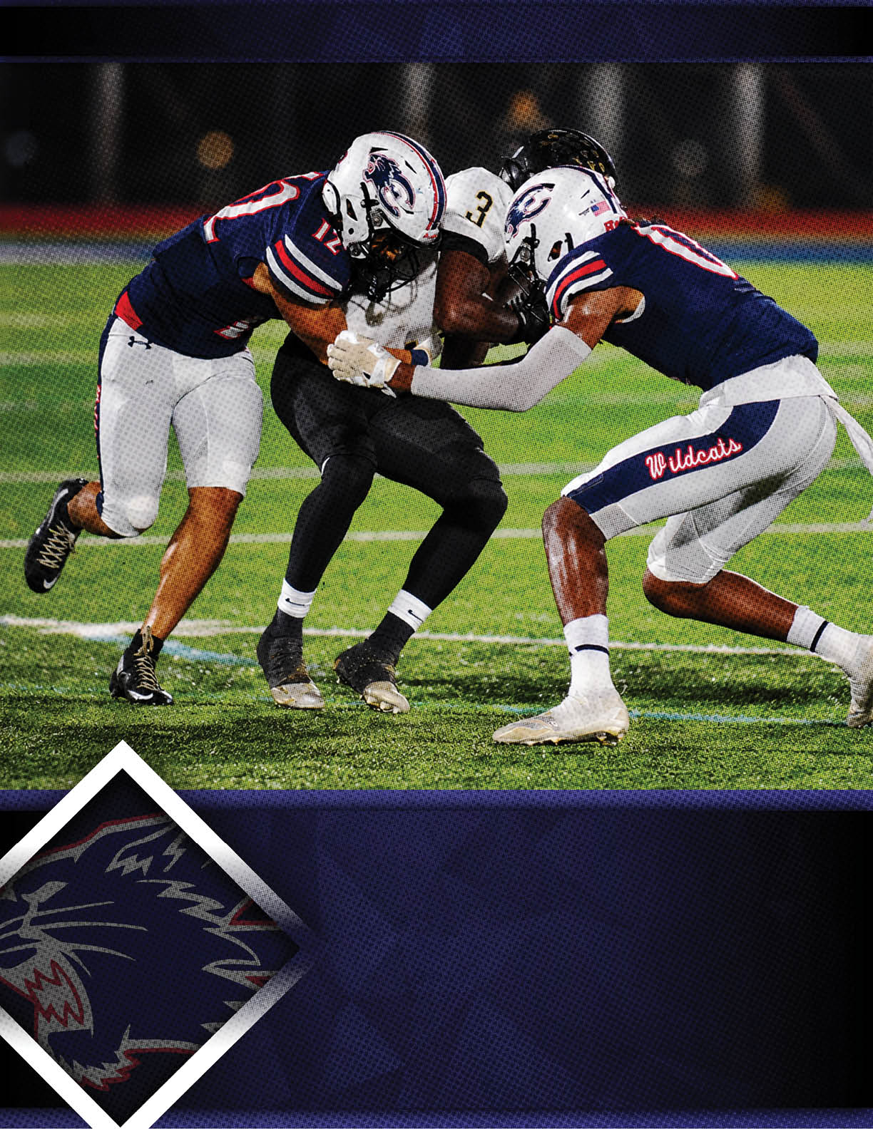 Two people in blue and white football uniforms tackle a person in a black and white uniform on a football field. Description generated by AI