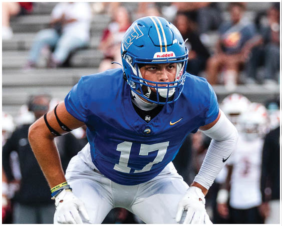 A football player wearing a blue and white uniform. Description generated by AI