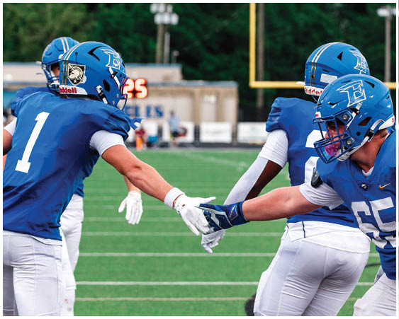 A football player wearing a blue and white uniform. Description generated by AI