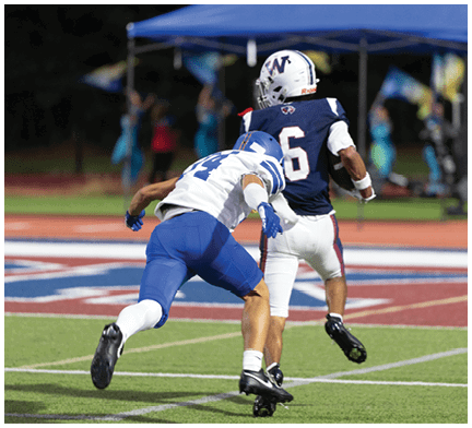 A football player running on the field. Description generated by AI