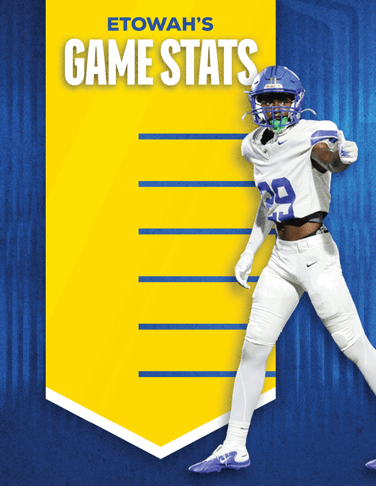 A football player wearing a blue and red jersey. Description generated by AI