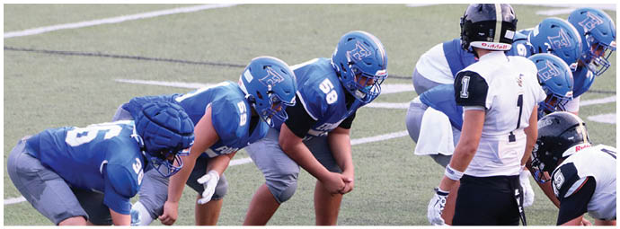 A football player wearing a blue and white uniform. Description generated by AI