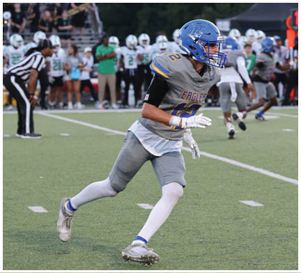 A football player running on the field. Description generated by AI