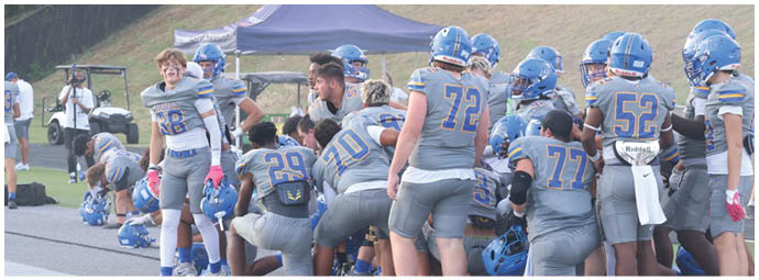 A football player wearing a blue and white uniform. Description generated by AI