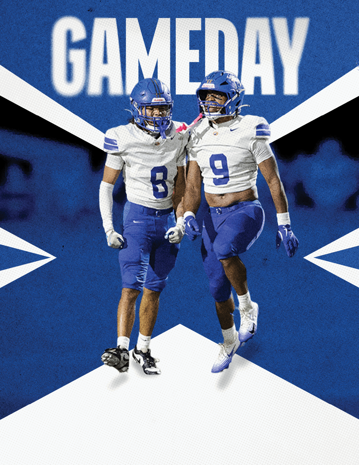 Two football players celebrating a touchdown. Description generated by AI