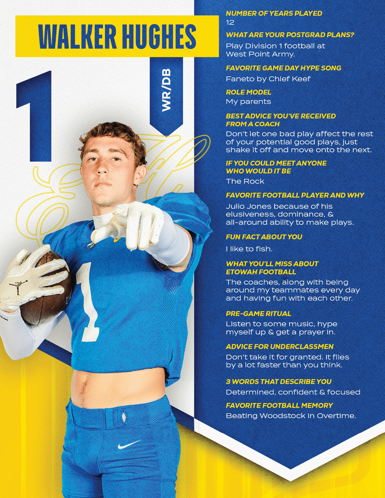 A football player wearing a blue and red jersey with the number 15 on it. Description generated by AI
