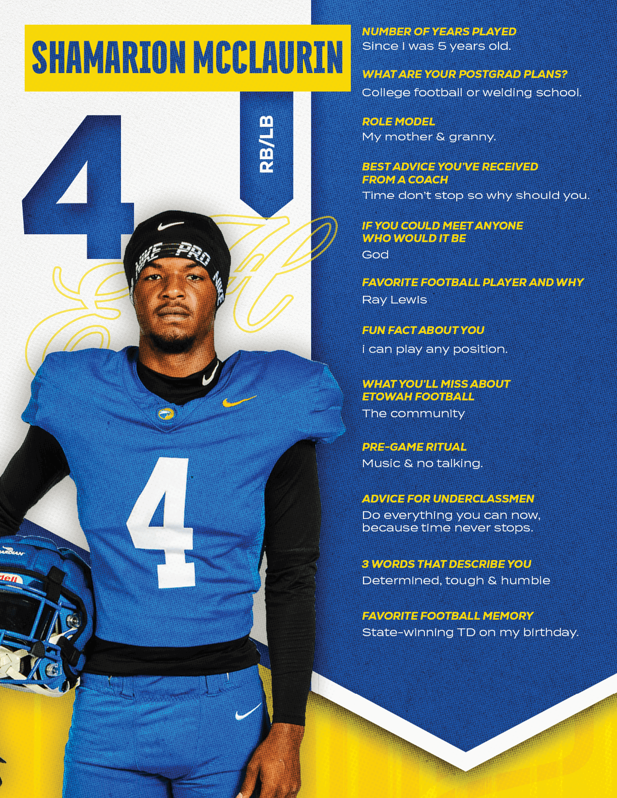 A football player wearing a blue and red jersey with the number 15 on it. Description generated by AI
