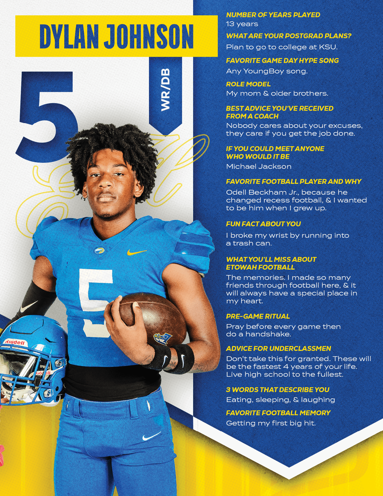 A football player wearing a blue and red jersey with the number 15 on it. Description generated by AI