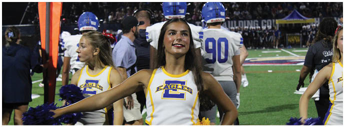 A football player wearing a blue and white uniform. Description generated by AI