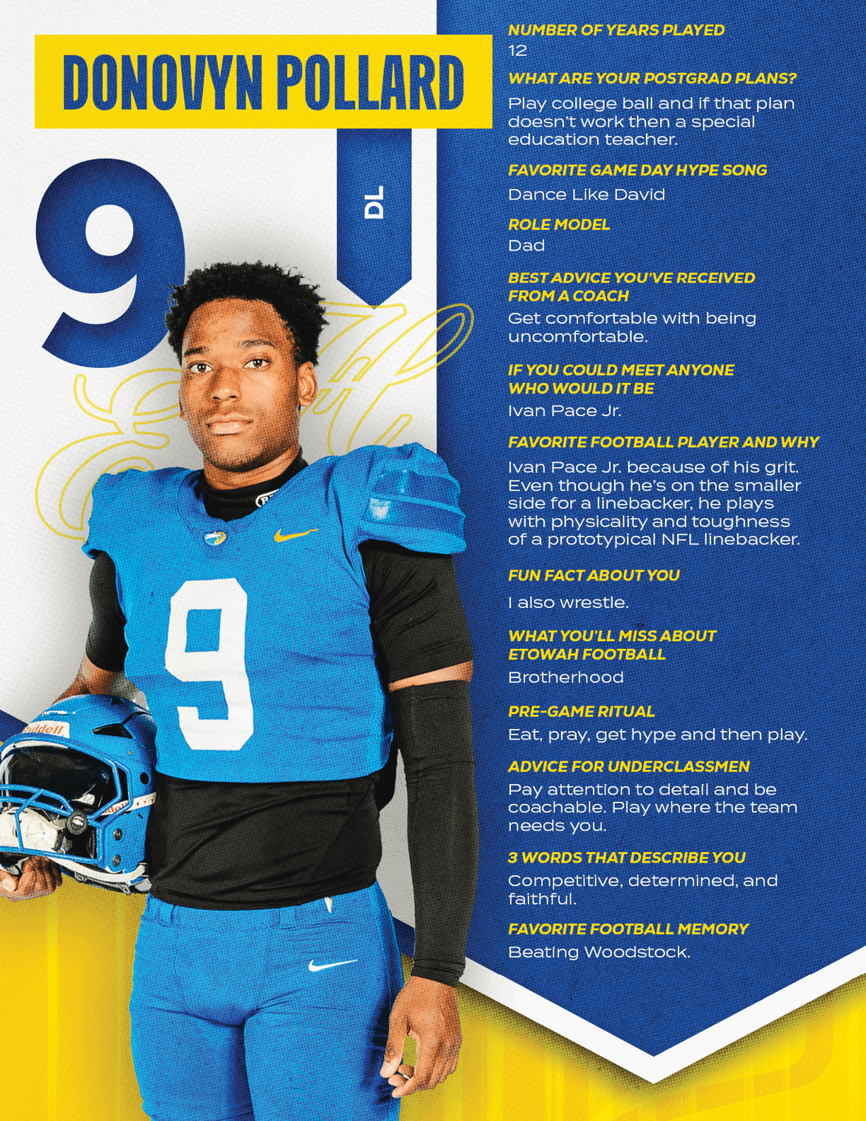 A football player wearing a blue and red jersey with the number 15 on it. Description generated by AI