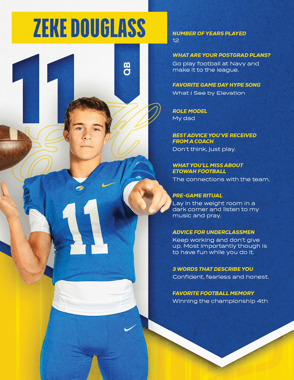 A football player wearing a blue and red jersey with the number 15 on it. Description generated by AI