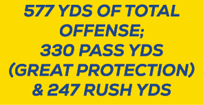 577 yds of total offense; 330 PASS YDS (great protection) & 247 Rush Yds
