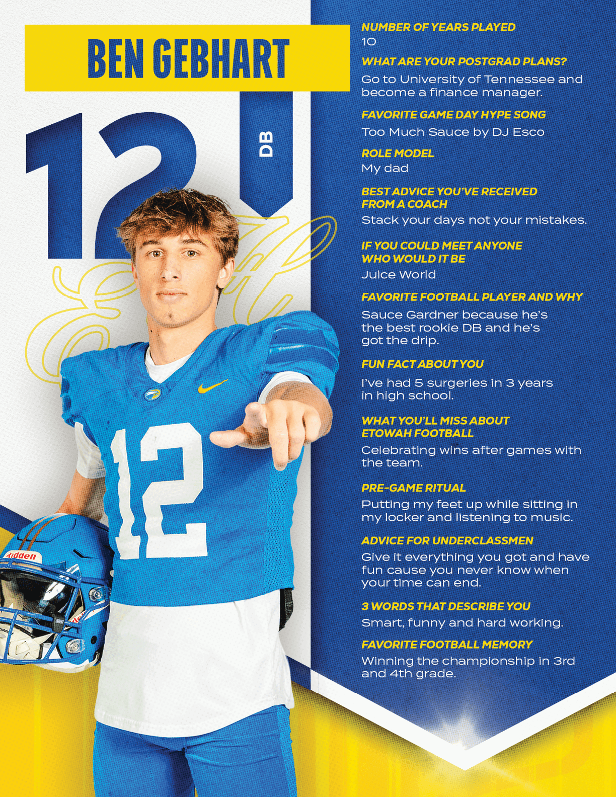 A football player wearing a blue and red jersey with the number 15 on it. Description generated by AI