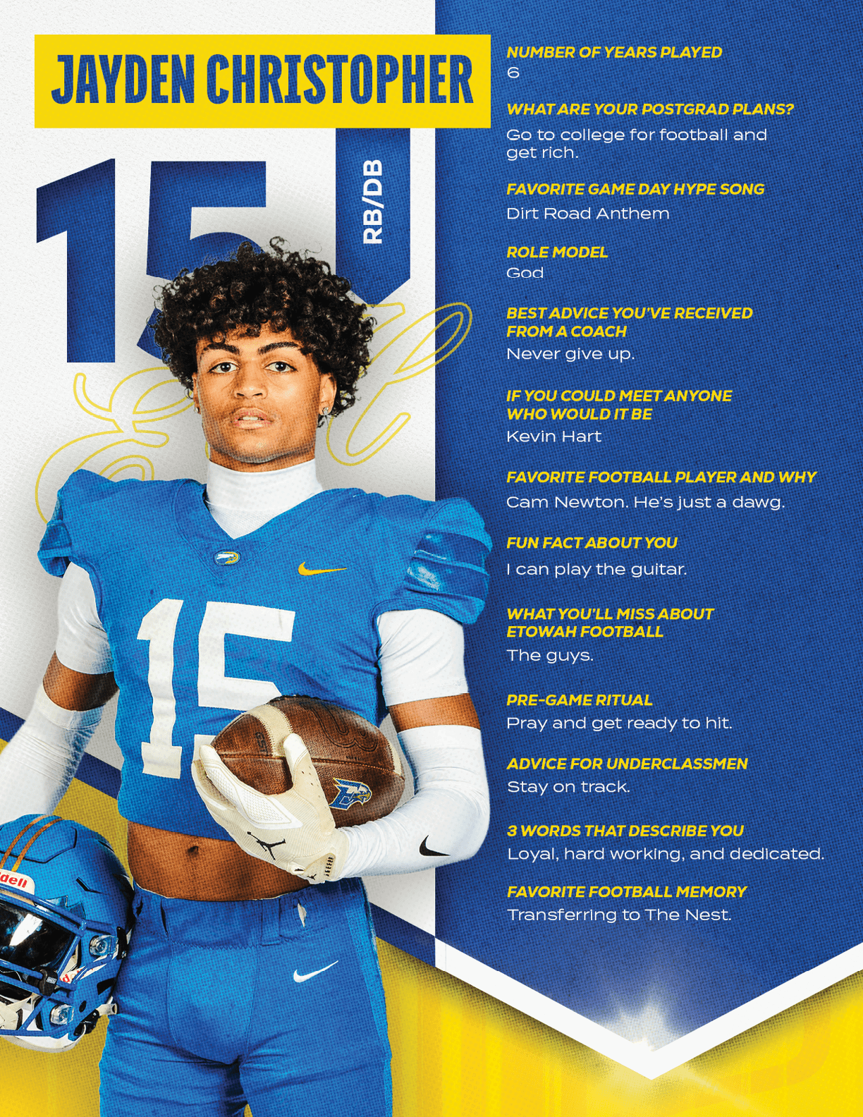 A football player wearing a blue and red jersey with the number 15 on it. Description generated by AI