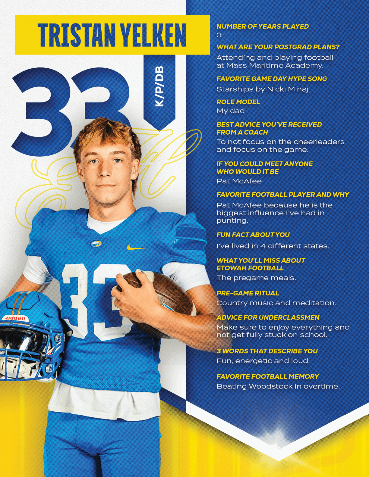 A football player wearing a blue and red jersey with the number 15 on it. Description generated by AI
