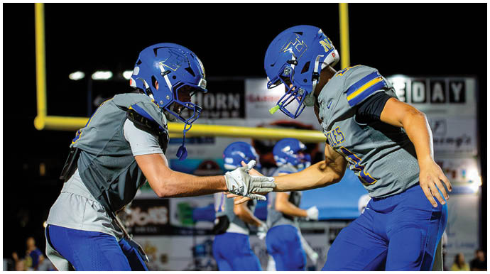 A football player wearing a blue and white uniform. Description generated by AI