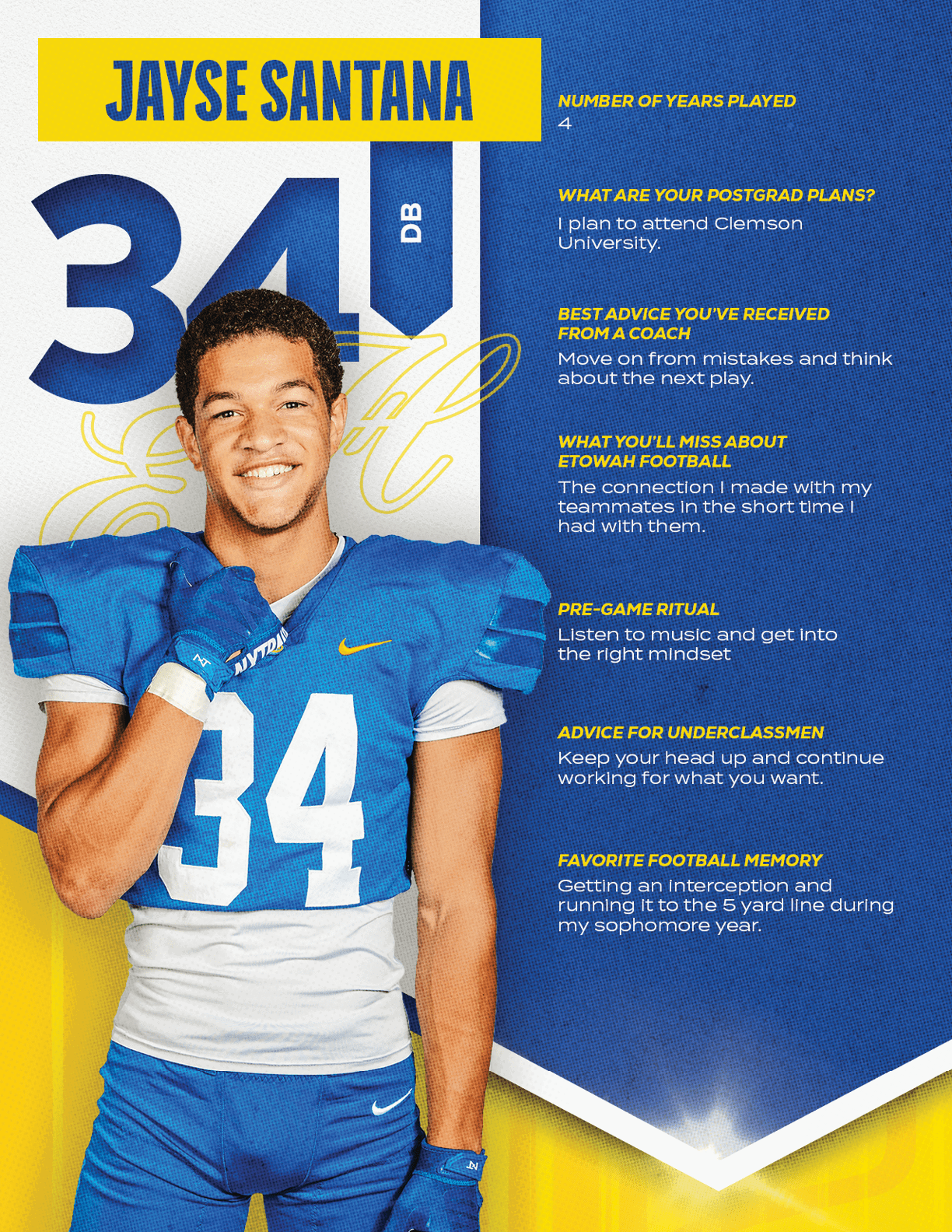 A football player wearing a blue and red jersey with the number 15 on it. Description generated by AI