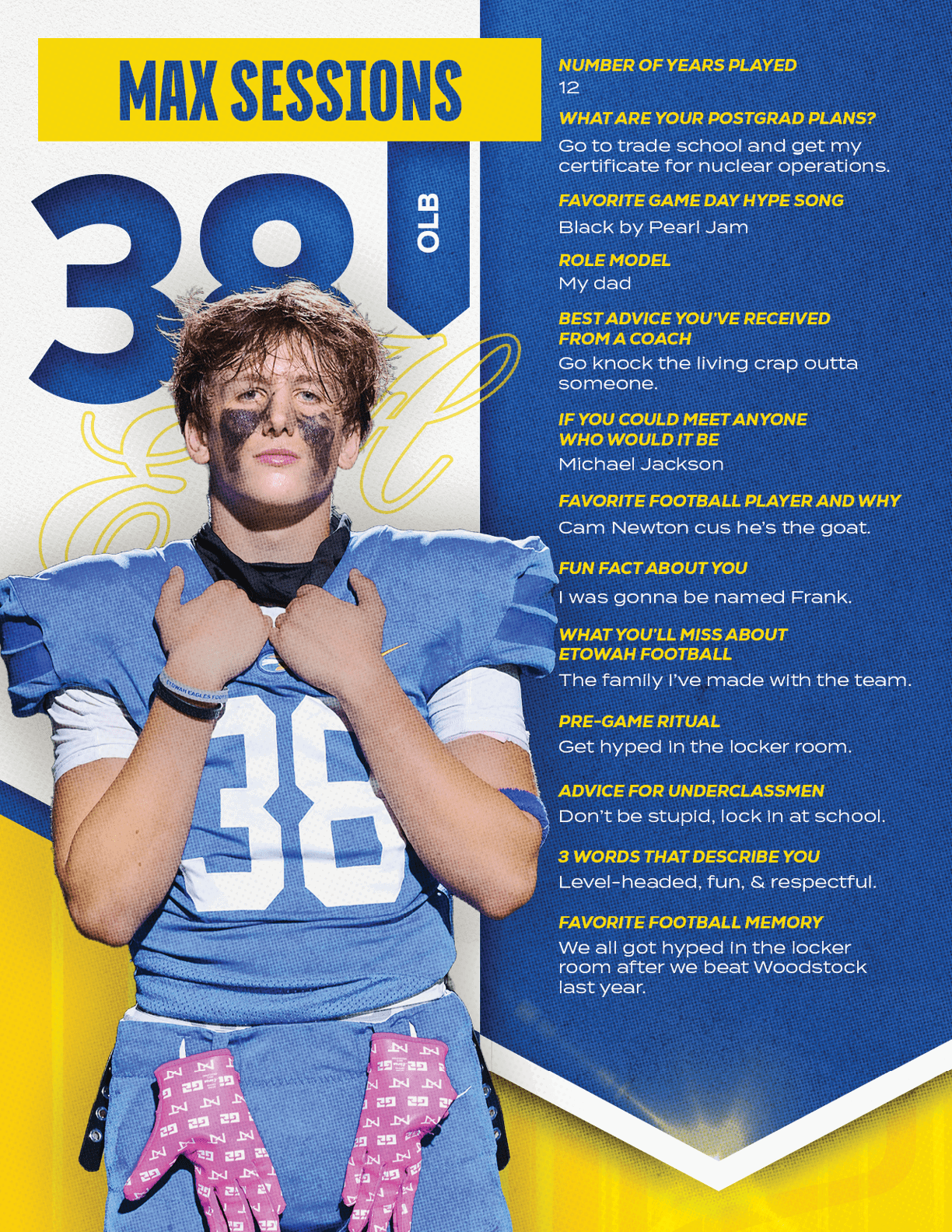 A football player wearing a blue and red jersey with the number 15 on it. Description generated by AI
