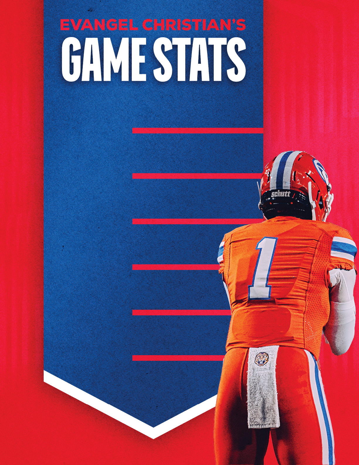 A football player wearing a blue and red jersey. Description generated by AI