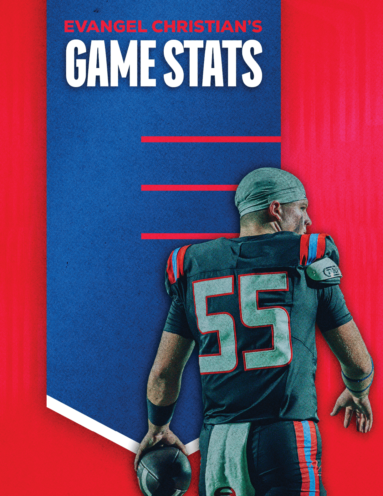 A football player wearing a blue and red jersey. Description generated by AI