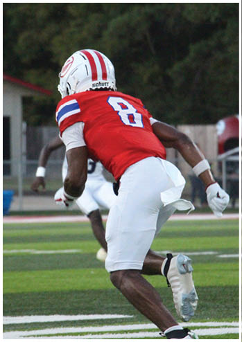 A football player running on the field. Description generated by AI