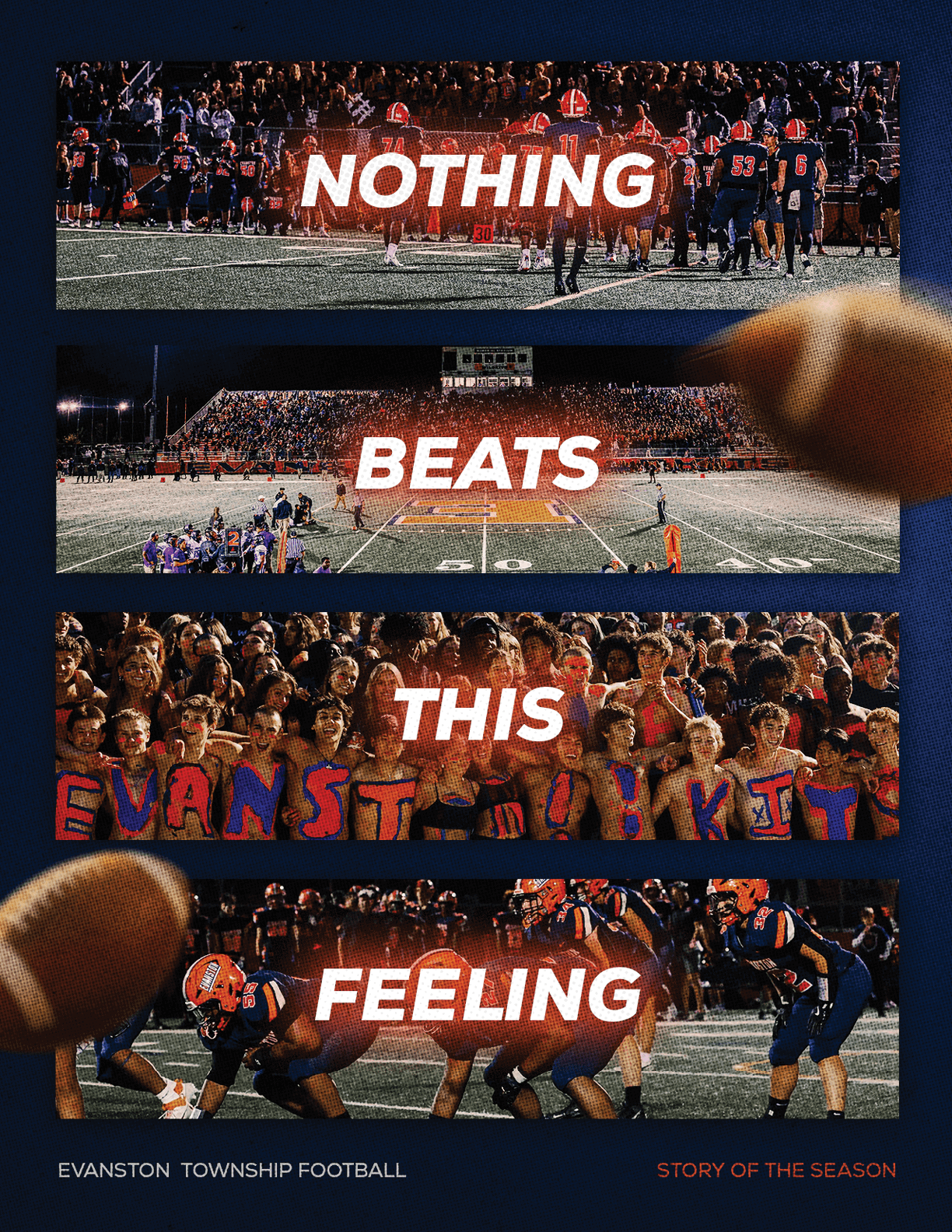 A collage of four football scenes with bold white text reading “NOTHING BEATS THIS FEELING" over images of players on the field and a crowd of cheering people holding a banner. Description generated by AI