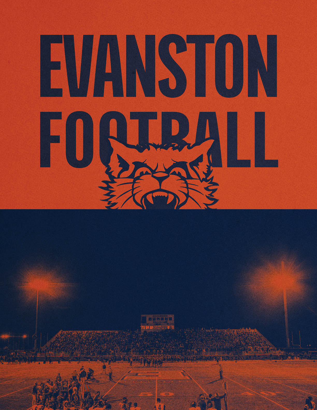 A nighttime football stadium scene with a large crowd in the stands and bright stadium lights illuminating the field, overlaid with bold text reading “Evanston Football" and a fierce wildcat mascot graphic. Description generated by AI