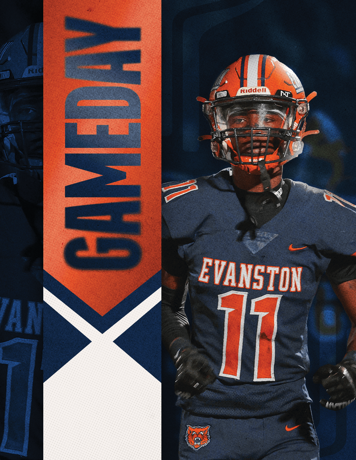 A person wearing an Evanston football uniform with the number 11 and an orange helmet stands next to a vertical banner that reads GAMEDAY in bold letters. Description generated by AI