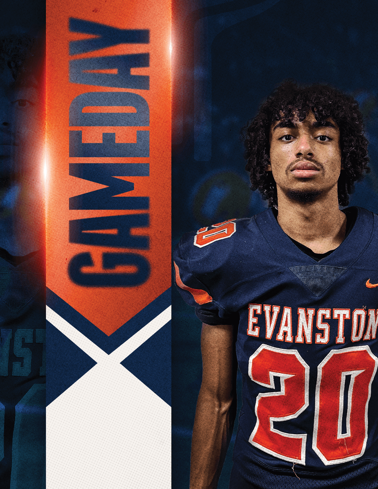 A person with curly hair wearing a dark blue football jersey with the number 20 and the word Evanston stands next to a vertical orange and blue banner that reads GAMEDAY. Description generated by AI