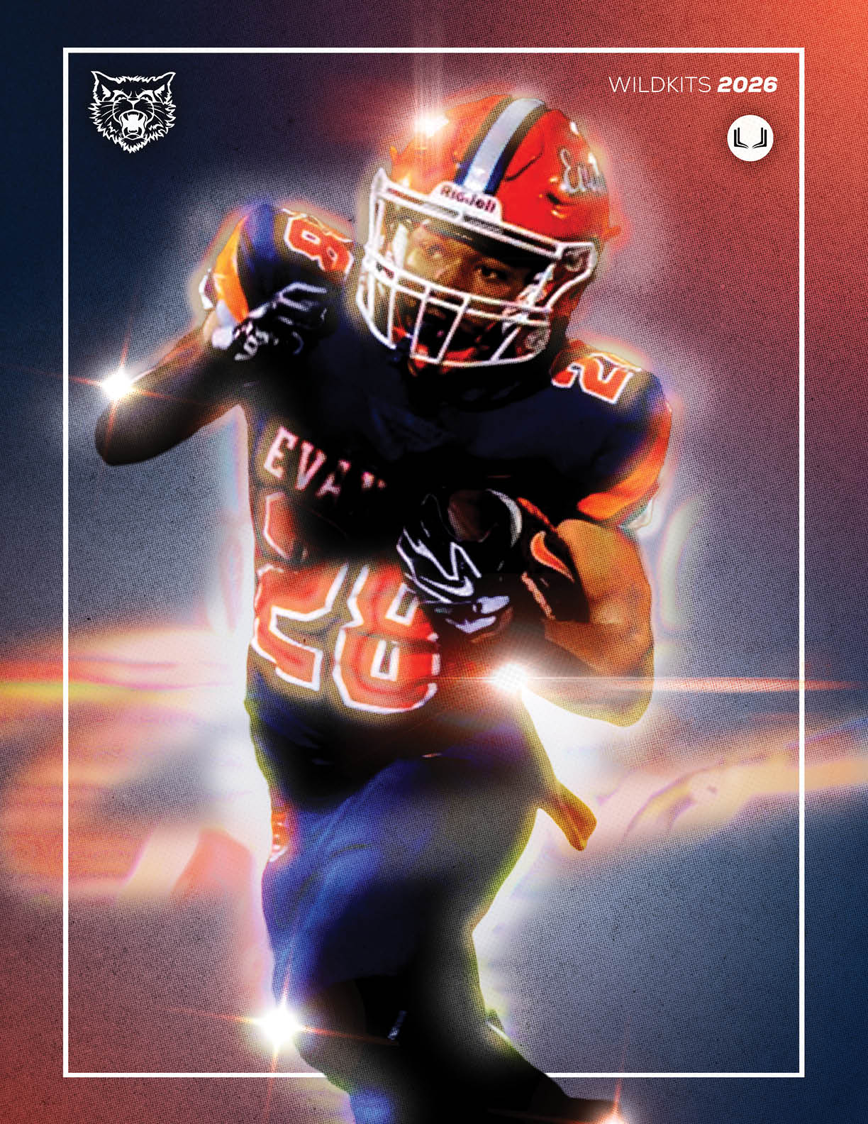 A person in a football uniform with the number 28 is running while holding a football, with dynamic lighting effects and a Wildkits 2026 logo in the background. Description generated by AI